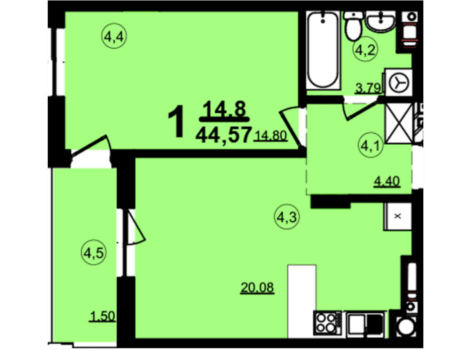 Планировка 1-комнатной квартиры в ЖК Globus Central Park 44.57 м², фото 209746 Планировка 1-комнатной квартиры в ЖК Globus Central Park 44.57 м², фото 209746