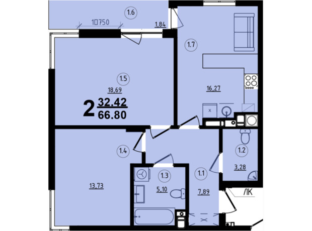 ЖК Globus Central Park: планировка 2-комнатной квартиры 66.8 м²