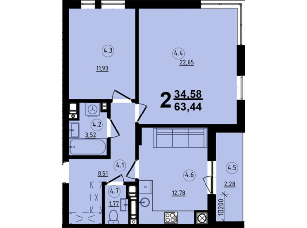 ЖК Globus Central Park: планировка 2-комнатной квартиры 63.44 м²
