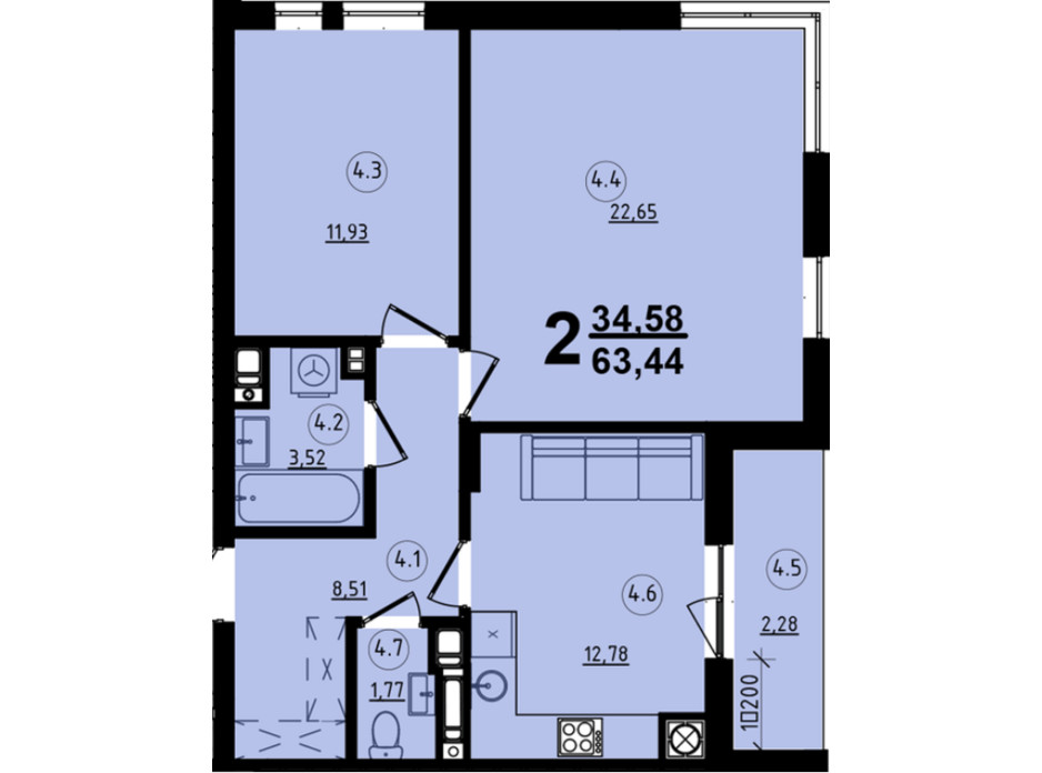Планировка 2-комнатной квартиры в ЖК Globus Central Park 63.44 м², фото 209750 Планировка 2-комнатной квартиры в ЖК Globus Central Park 63.44 м², фото 209750