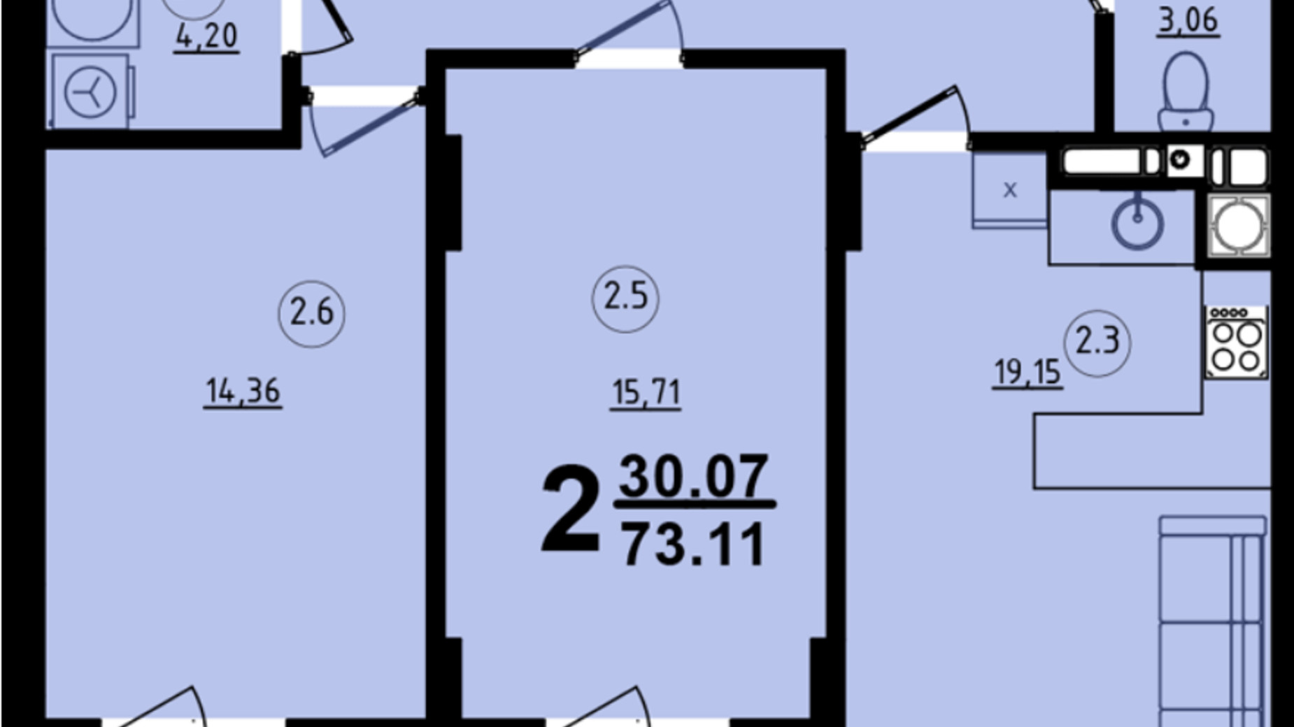 Планування 2-кімнатної квартири в ЖК Globus Central Park 73.11 м², фото 209752