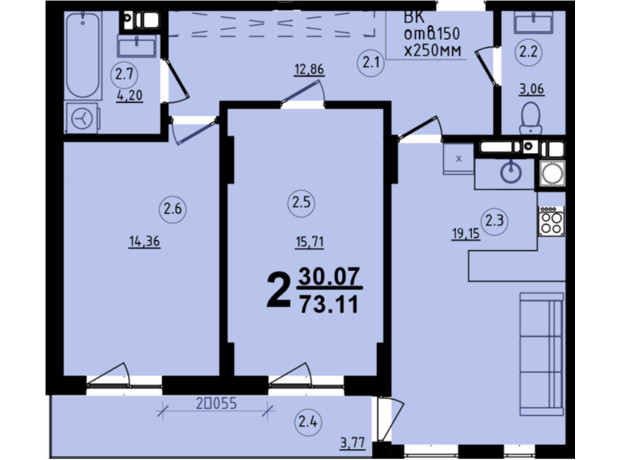 ЖК Globus Central Park: планування 2-кімнатної квартири 73.11 м²