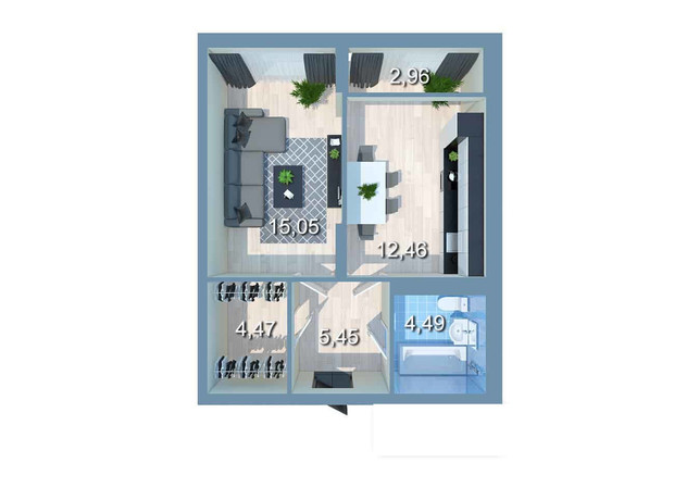 ЖК Star City: планування 1-кімнатної квартири 41.88 м²