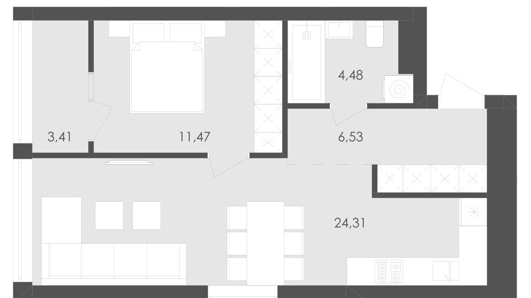 Планування 1-кімнатної квартири в ЖК Avalon Flex 50.2 м², фото 210233