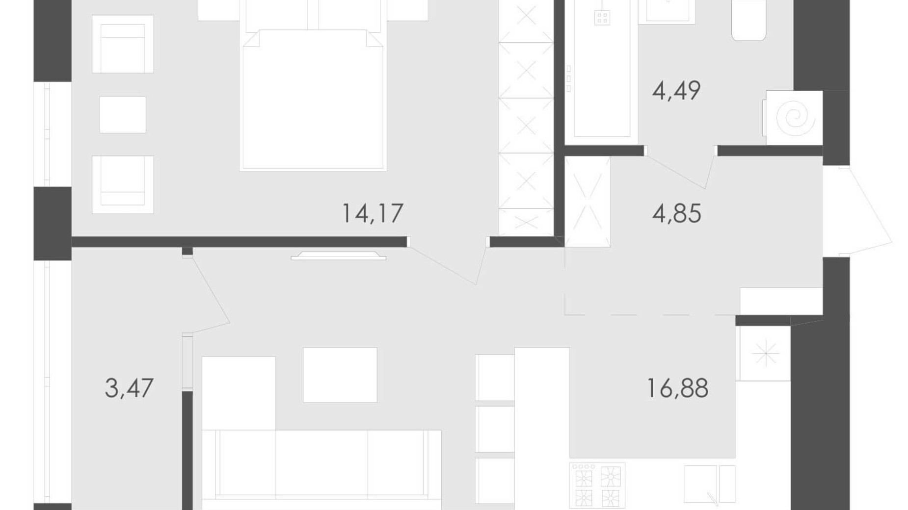 Планування 1-кімнатної квартири в ЖК Avalon Flex 43.86 м², фото 210245