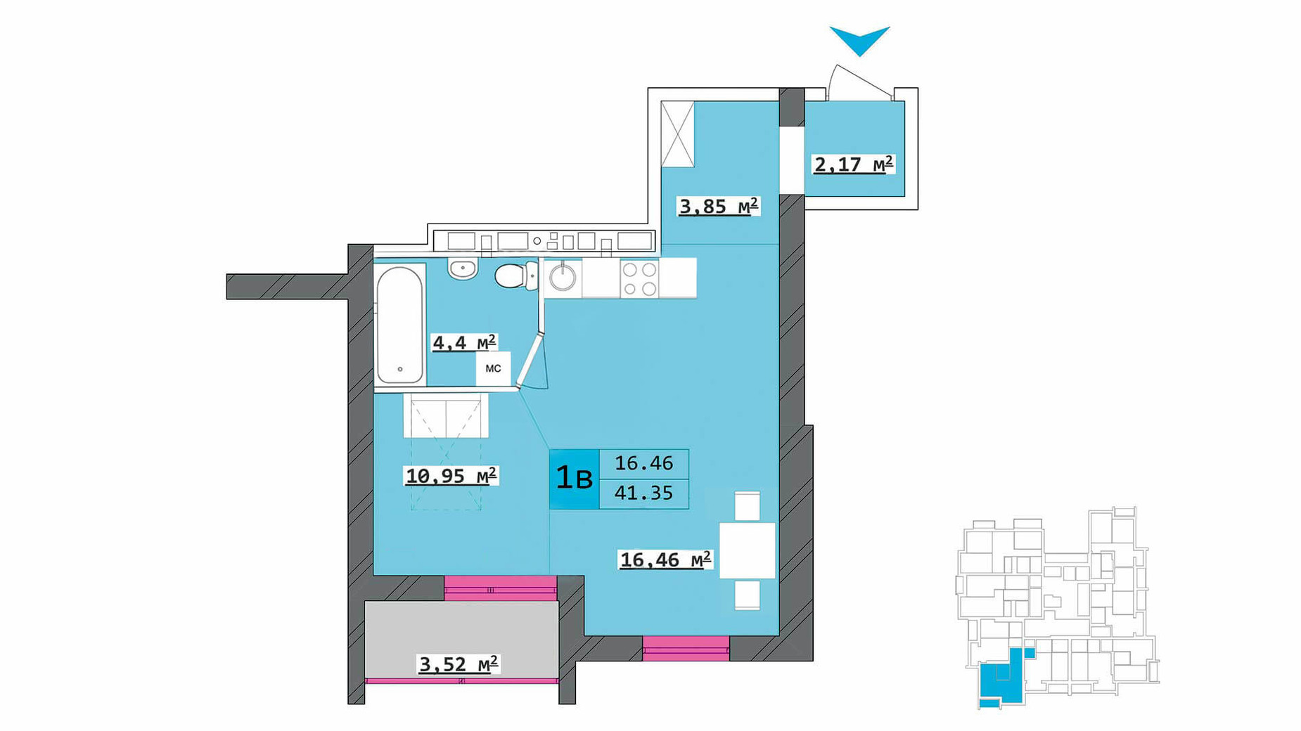 Планировка 1-комнатной квартиры в ЖК Столичный 41.35 м², фото 210501