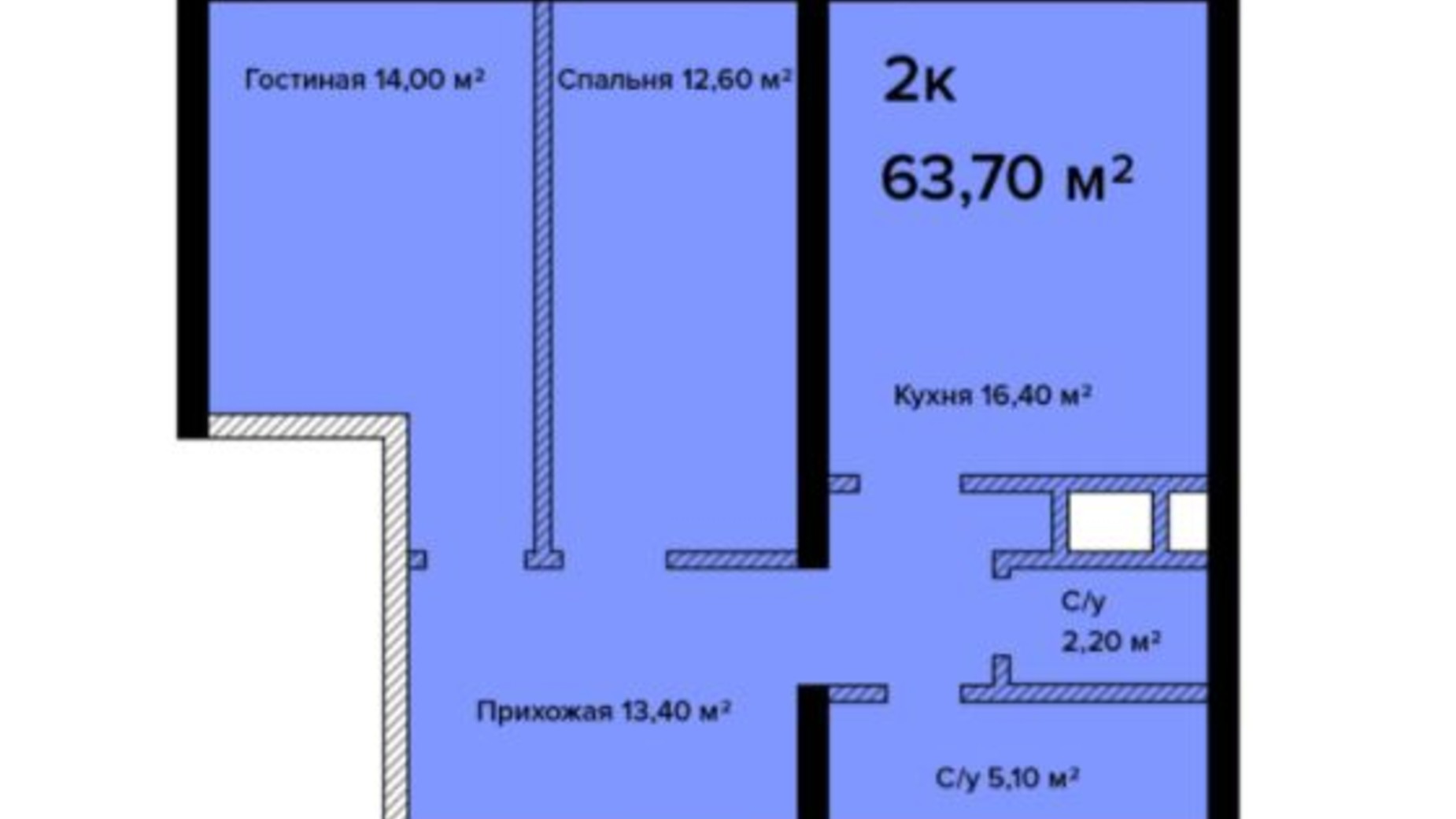 Планировка 2-комнатной квартиры в ЖК Sea View 63.7 м², фото 211147