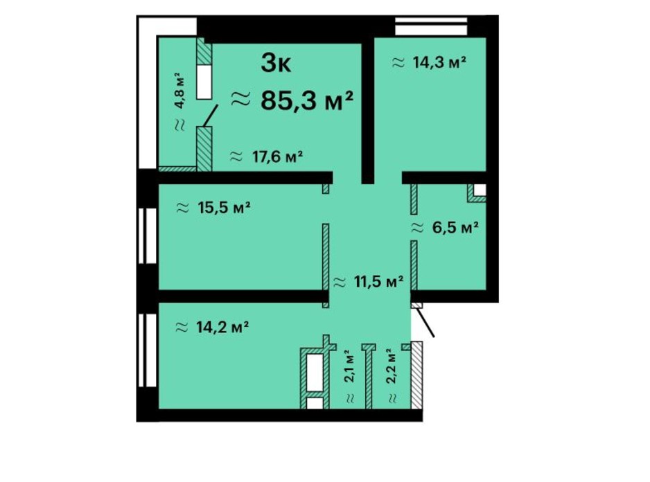 Планировка 3-комнатной квартиры в ЖК Альтаир-3 85.3 м², фото 211208 Планировка 3-комнатной квартиры в ЖК Альтаир-3 85.3 м², фото 211208