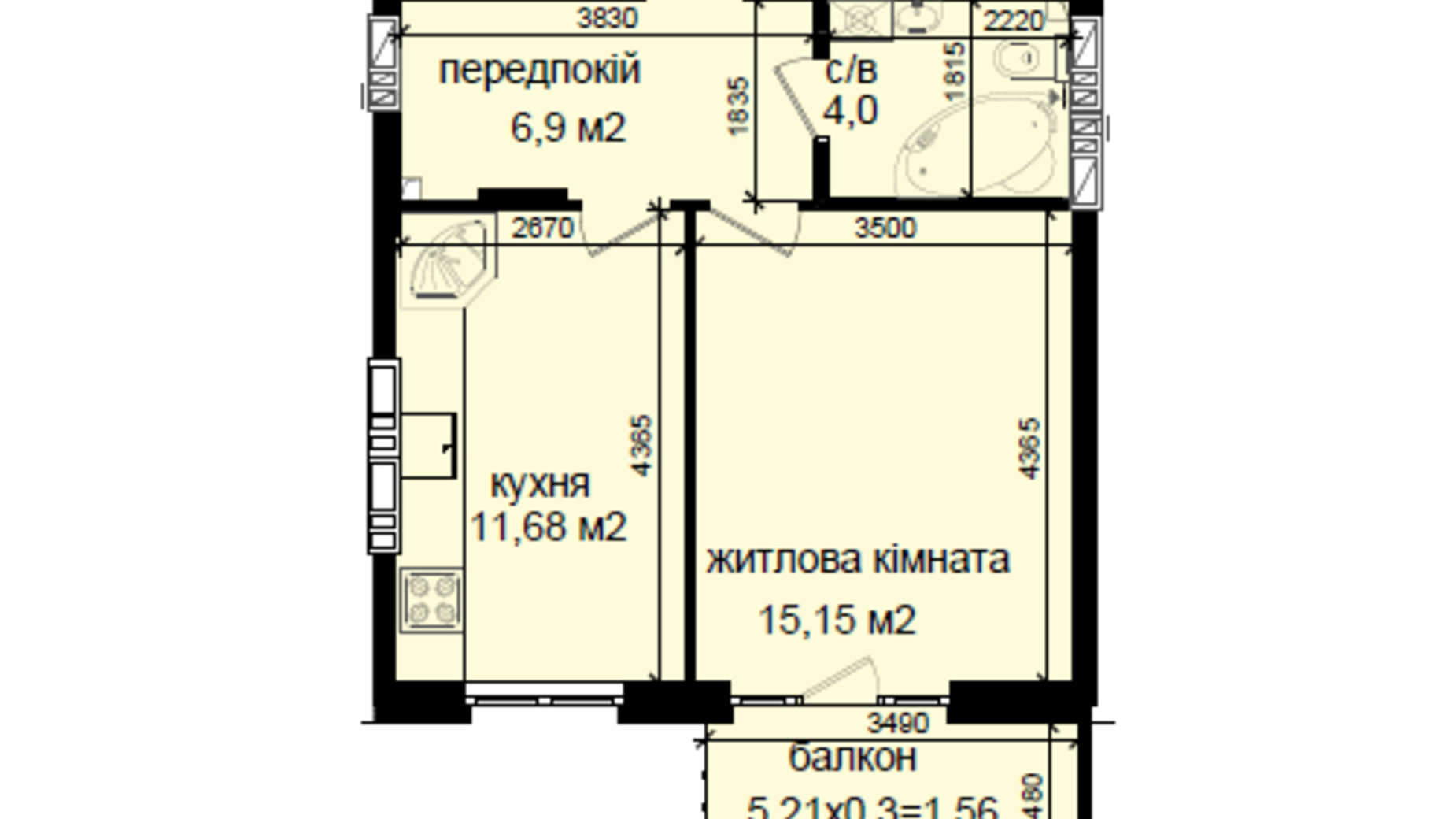 Планування 1-кімнатної квартири в ЖК Кришталеві джерела 39.29 м², фото 211306