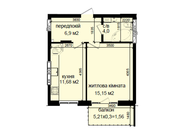 ЖК Кришталеві джерела: планировка 1-комнатной квартиры 39.29 м²