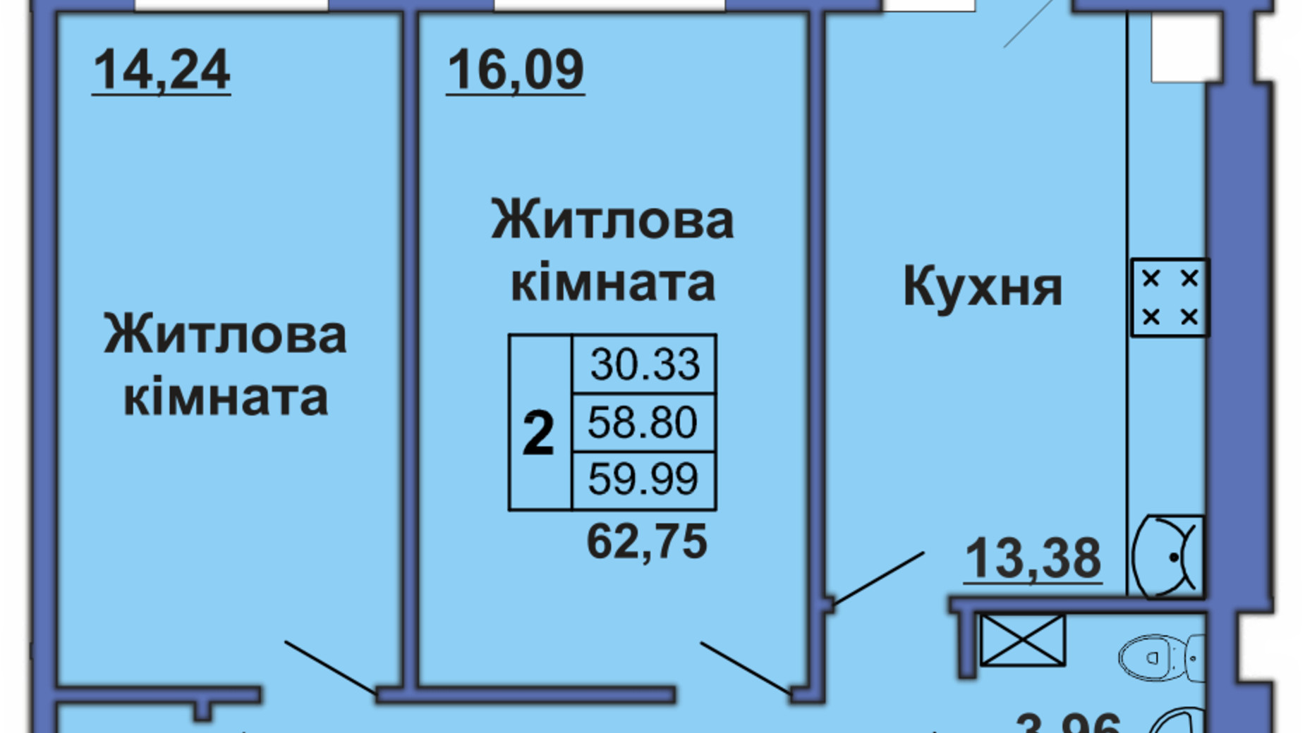 Планування 2-кімнатної квартири в ЖК вул. Великотирновська 62.75 м², фото 211408