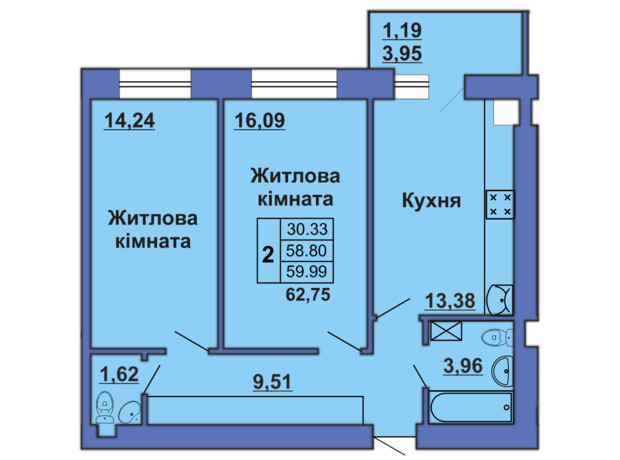 ЖК вул. Великотирновська: планування 2-кімнатної квартири 62.75 м²