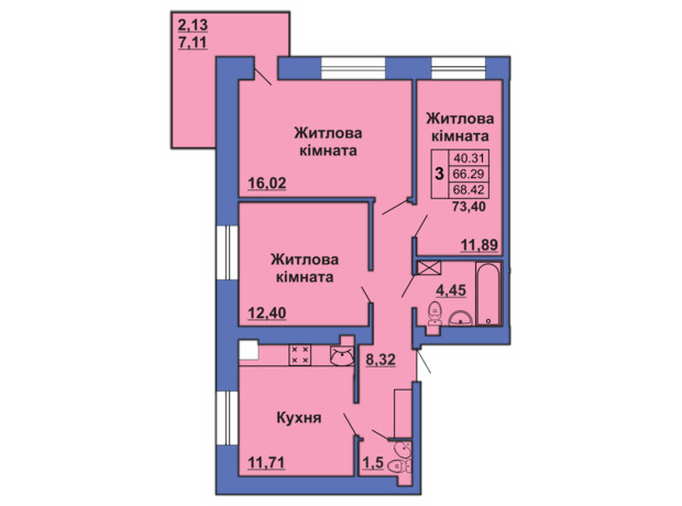 ЖК вул. Великотирновська: планування 3-кімнатної квартири 73.4 м²