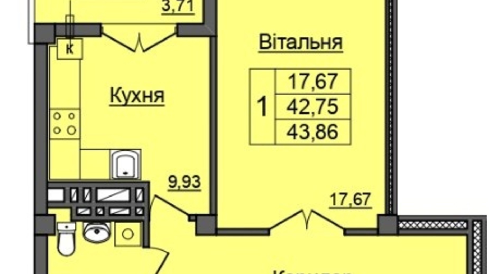 Планировка 1-комнатной квартиры в ЖК Хмельницкий 43.86 м², фото 212311
