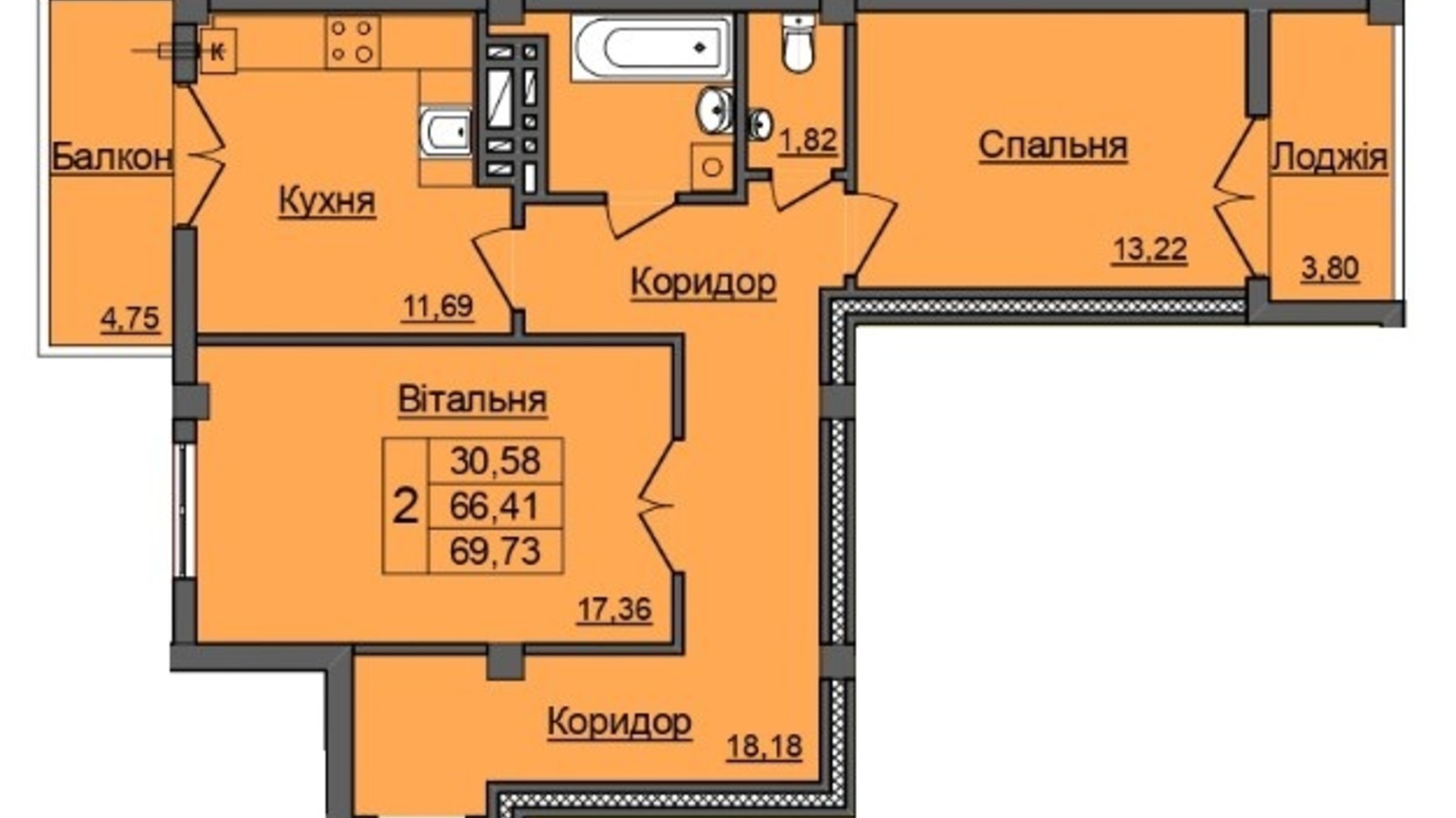 Планування 2-кімнатної квартири в ЖК Хмельницький 69.73 м², фото 212316