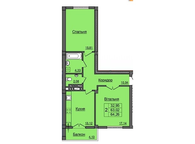 ЖК Хмельницький: планування 2-кімнатної квартири 64.26 м²