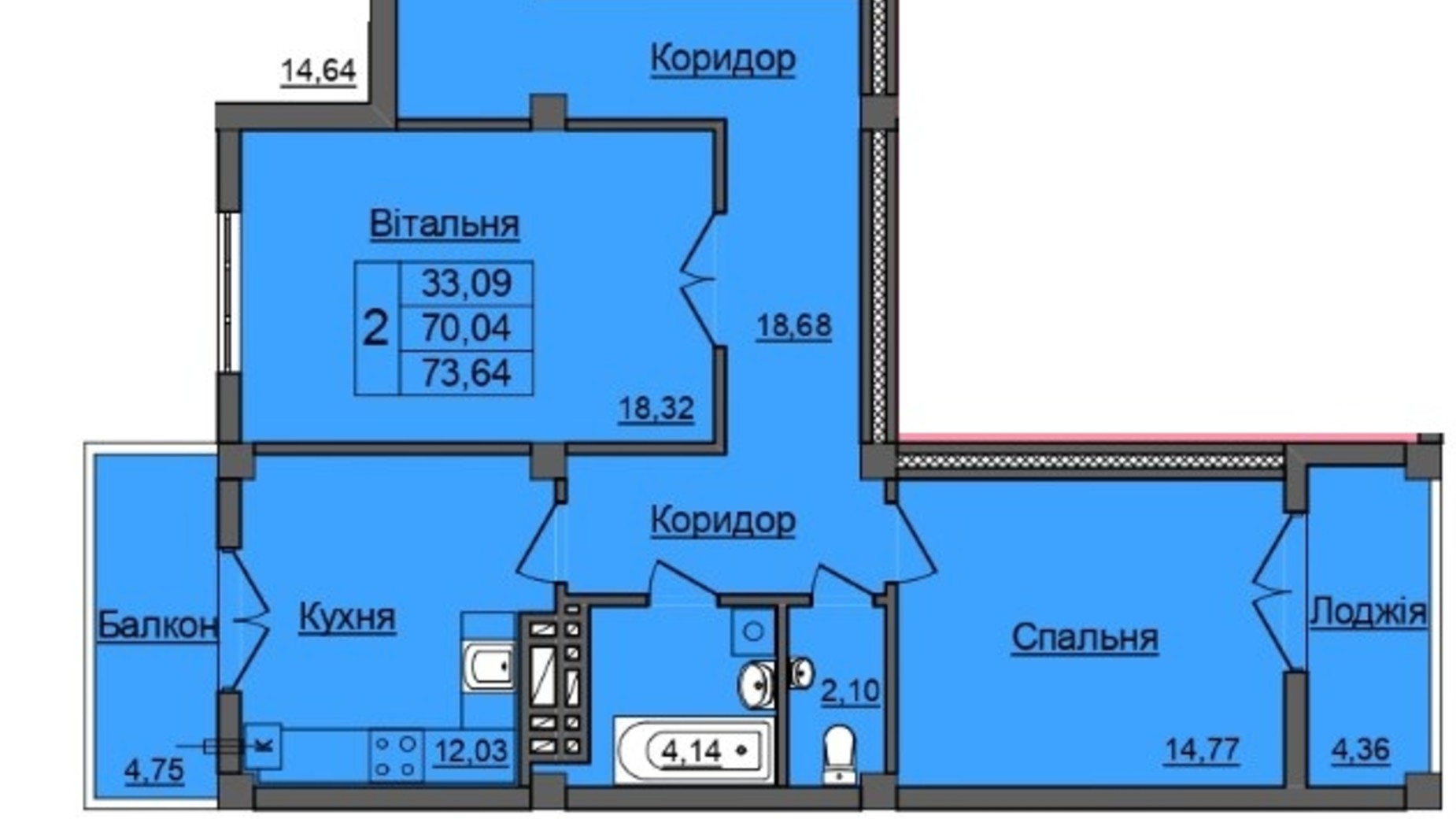 Планировка 2-комнатной квартиры в ЖК Хмельницкий 74.1 м², фото 212320