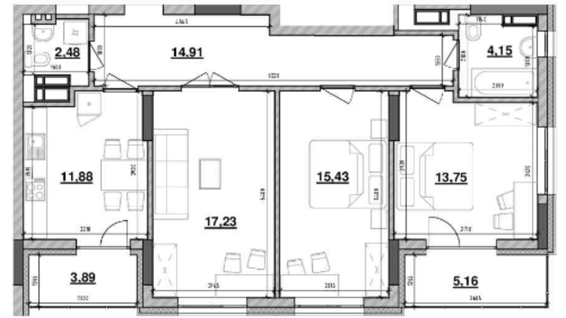 Планування 3-кімнатної квартири в ЖК Львівська Площа 88.88 м², фото 212826