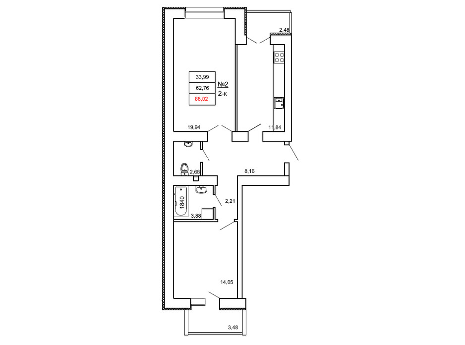 Планировка 2-комнатной квартиры в ЖК на Сенной 68.02 м², фото 213882 Планировка 2-комнатной квартиры в ЖК на Сенной 68.02 м², фото 213882