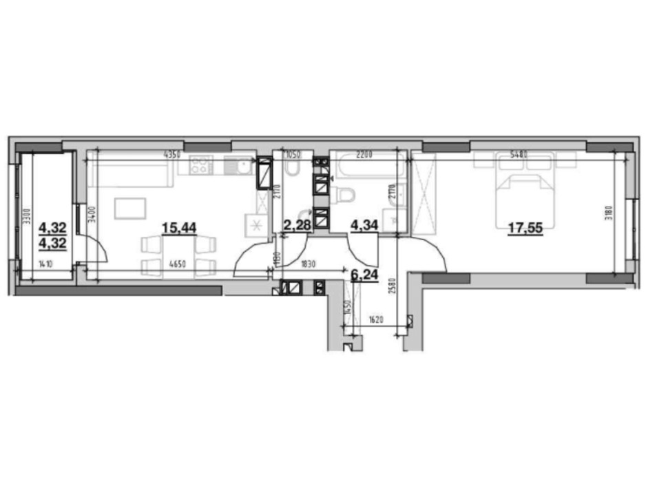 Планування 1-кімнатної квартири в ЖК Ріел Сіті 50.17 м², фото 213985 Планування 1-кімнатної квартири в ЖК Ріел Сіті 50.17 м², фото 213985