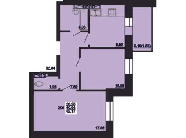 ЖК Мирний: планування 2-кімнатної квартири 62.17 м²