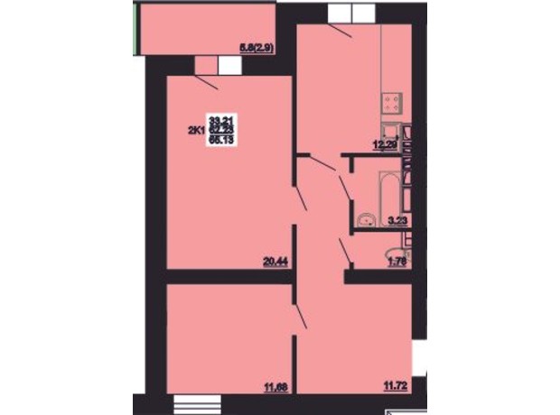 ЖК Мирный: планировка 2-комнатной квартиры 66.13 м²