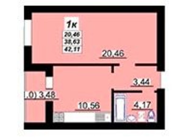 ЖК Лазурний: планування 1-кімнатної квартири 42.11 м²