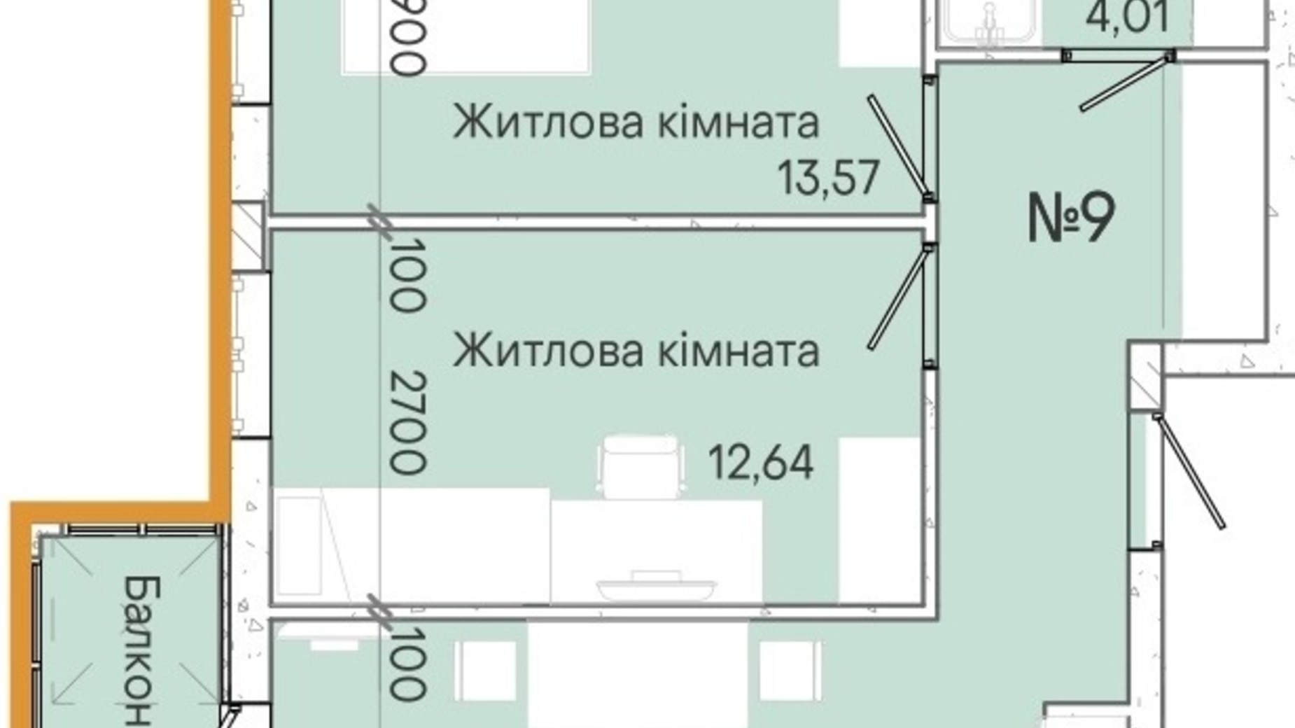 Планування 2-кімнатної квартири в ЖК Акварель 7 57.2 м², фото 214080