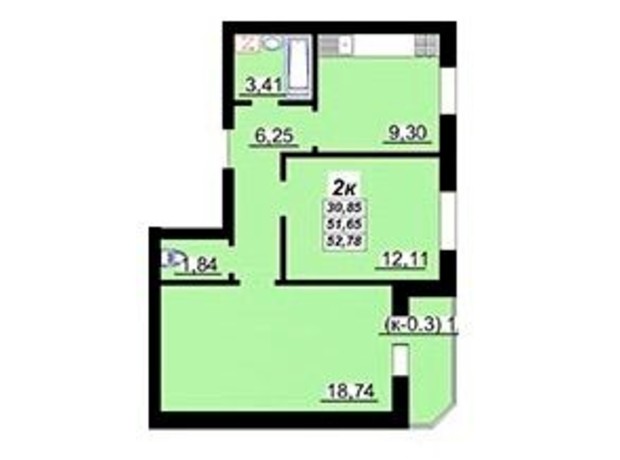 ЖК Лазурный: планировка 2-комнатной квартиры 52.78 м²