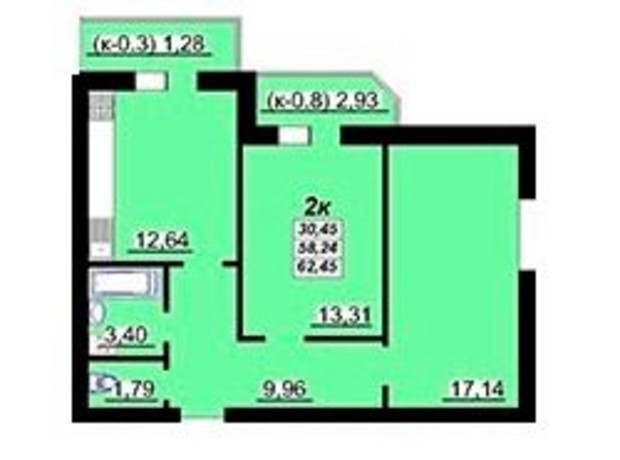 ЖК Лазурный: планировка 2-комнатной квартиры 62.45 м²