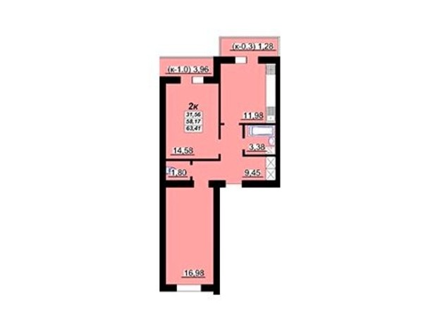 ЖК Лазурный: планировка 2-комнатной квартиры 63.41 м²