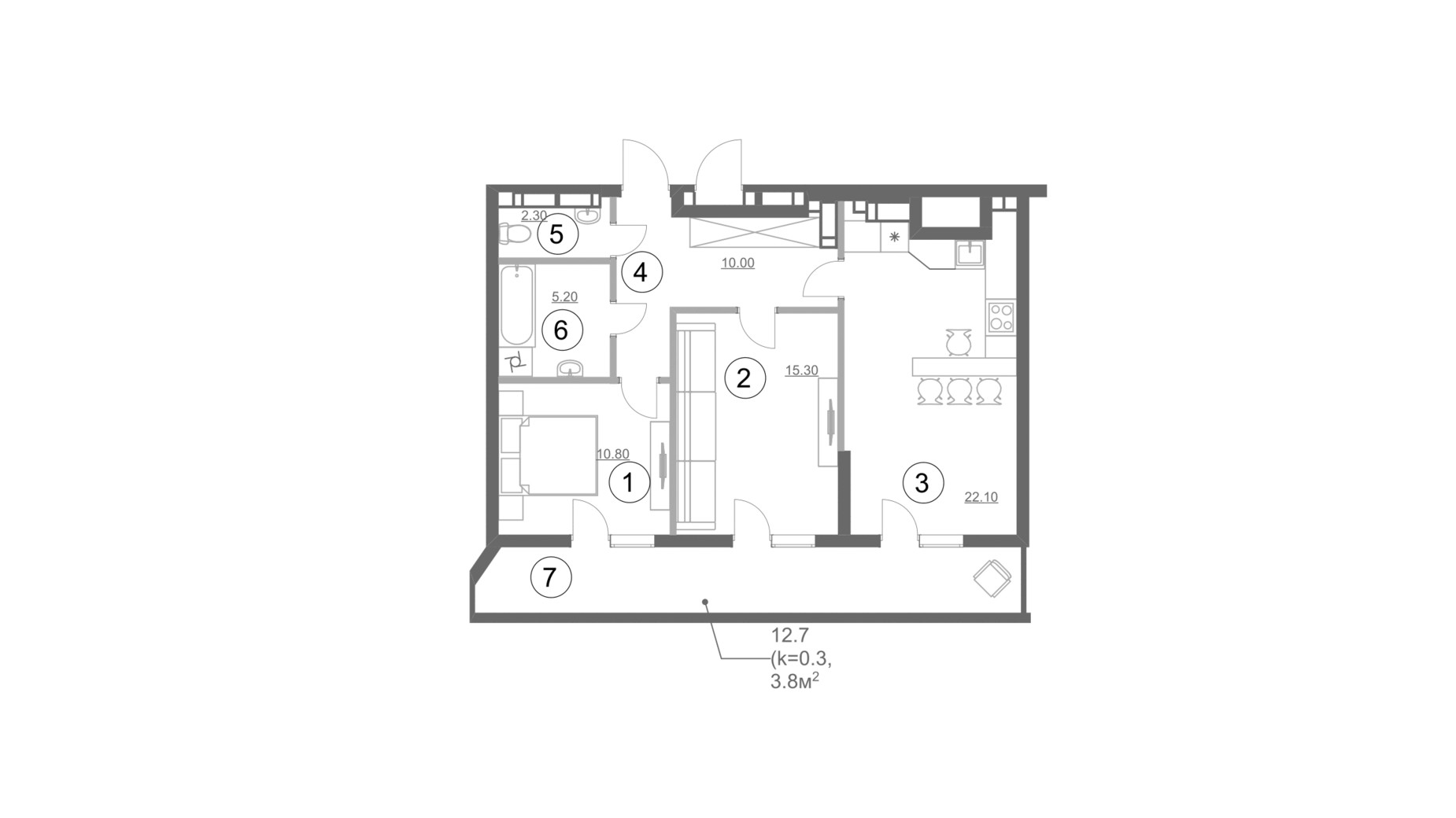 Планировка 2-комнатной квартиры в ЖК Greenville Park 72.73 м², фото 214269