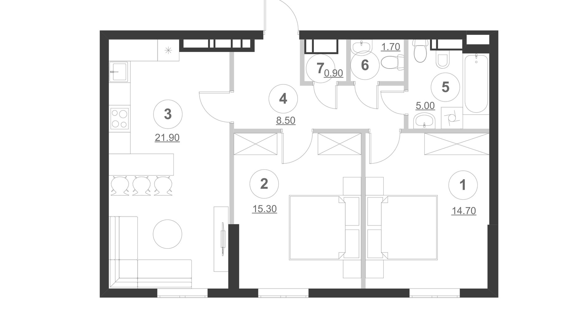 Планування 2-кімнатної квартири в ЖК Greenville Park 70 м², фото 214312