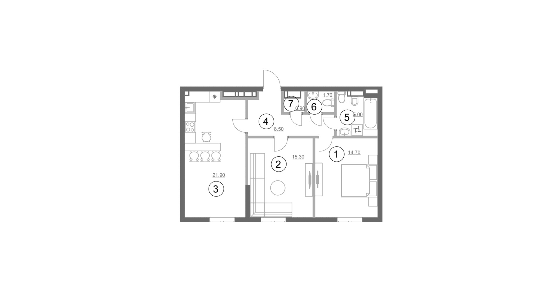 Планировка 2-комнатной квартиры в ЖК Greenville Park 68 м², фото 214322