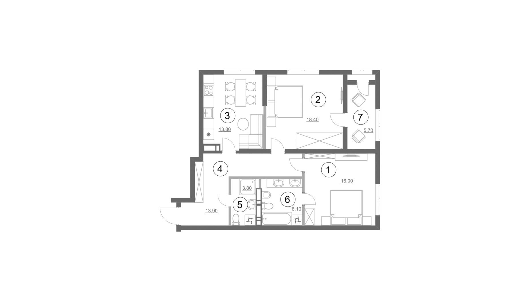 Планировка 2-комнатной квартиры в ЖК Greenville Park 77.7 м², фото 214325