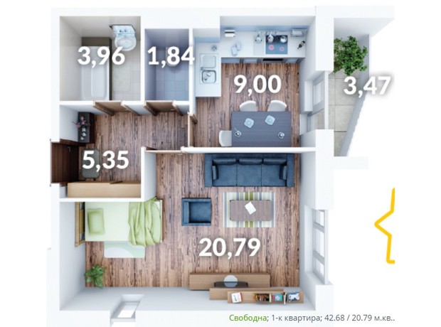 ЖК Північний: планування 1-кімнатної квартири 42.68 м²