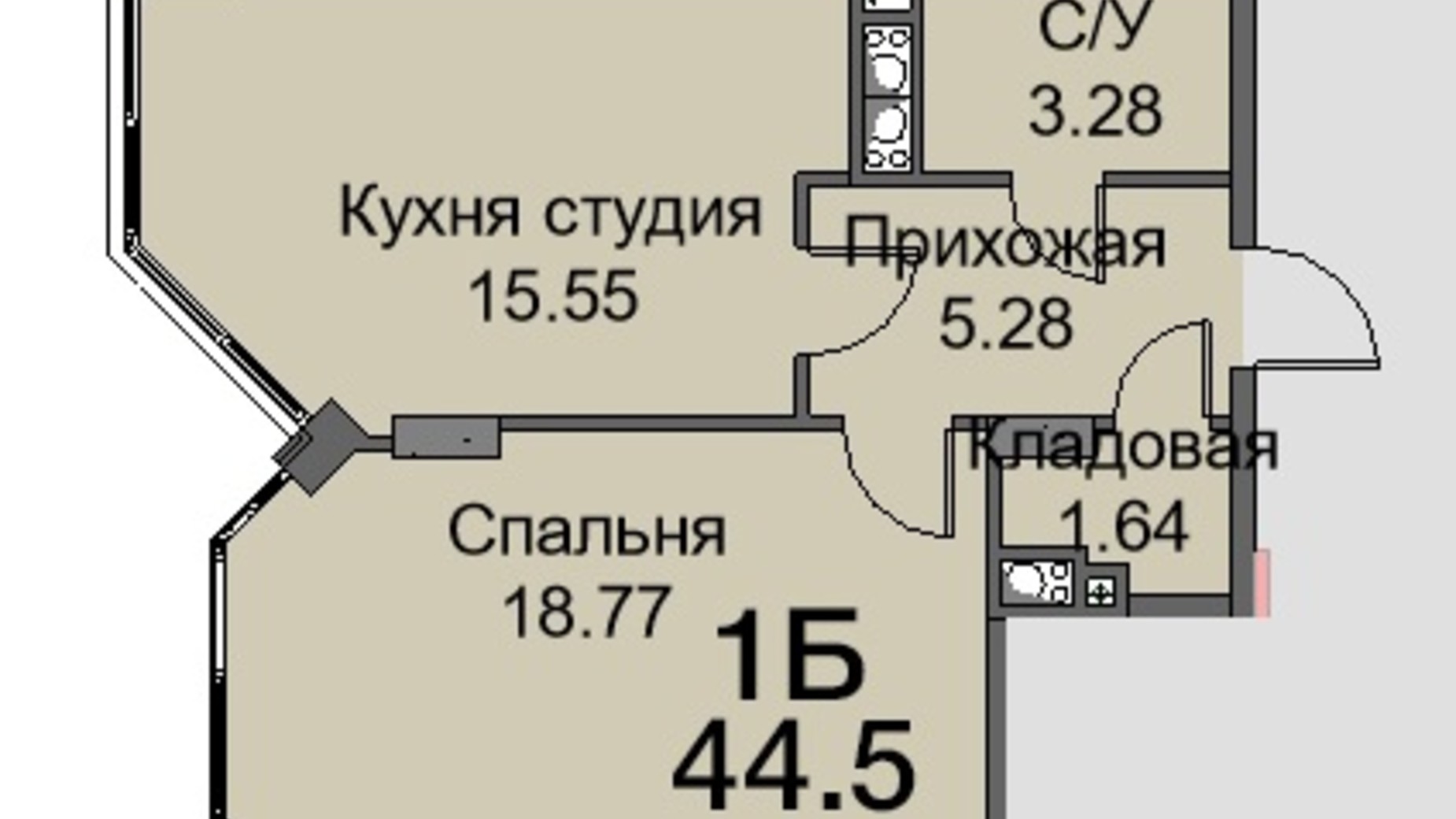 Планировка 1-комнатной квартиры в ЖК Новая Европа 44.5 м², фото 214582