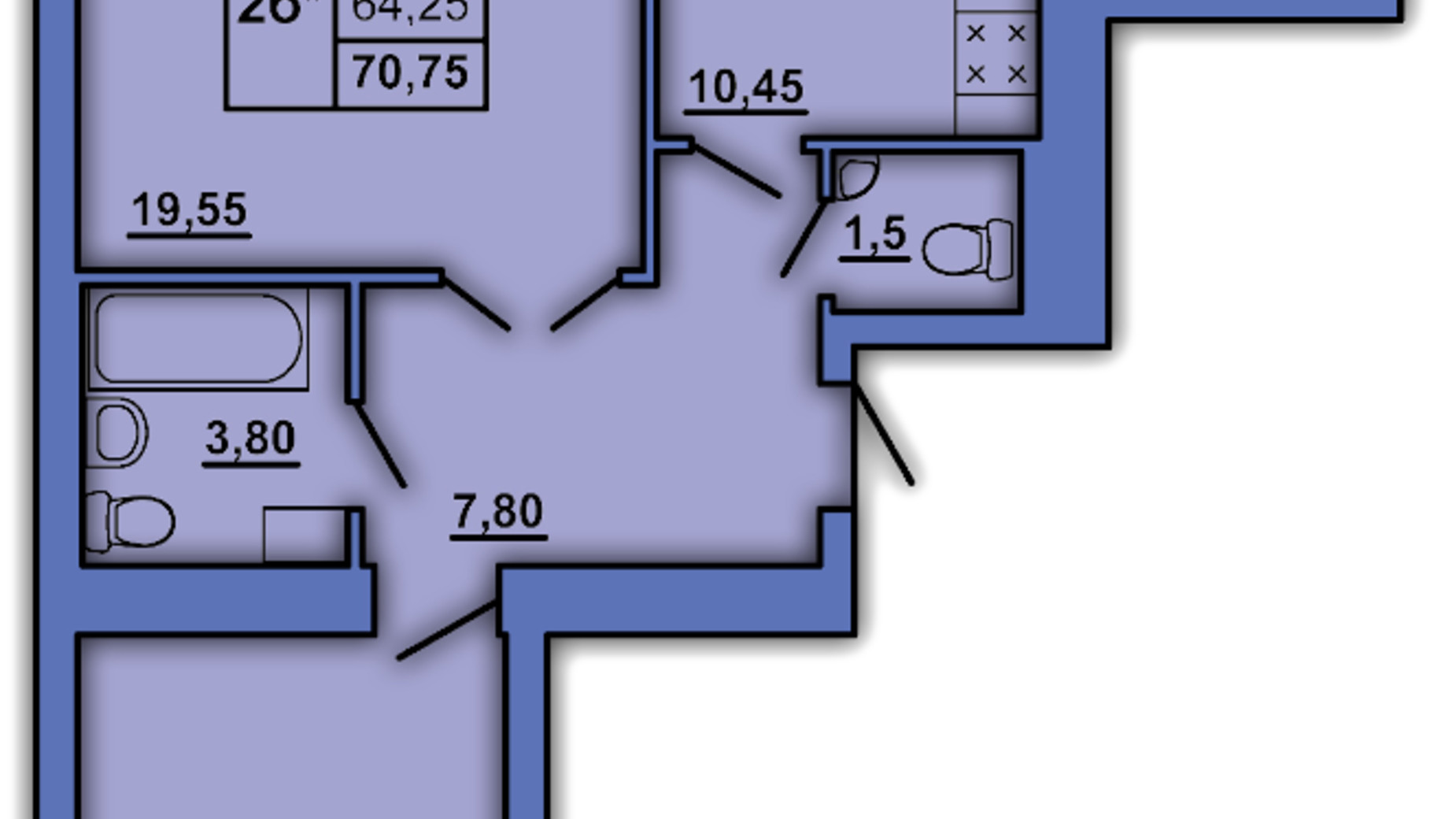 Планировка 2-комнатной квартиры в ЖК ул. Александра Оксанченка (Степного Фронта), 20 70.75 м², фото 214639