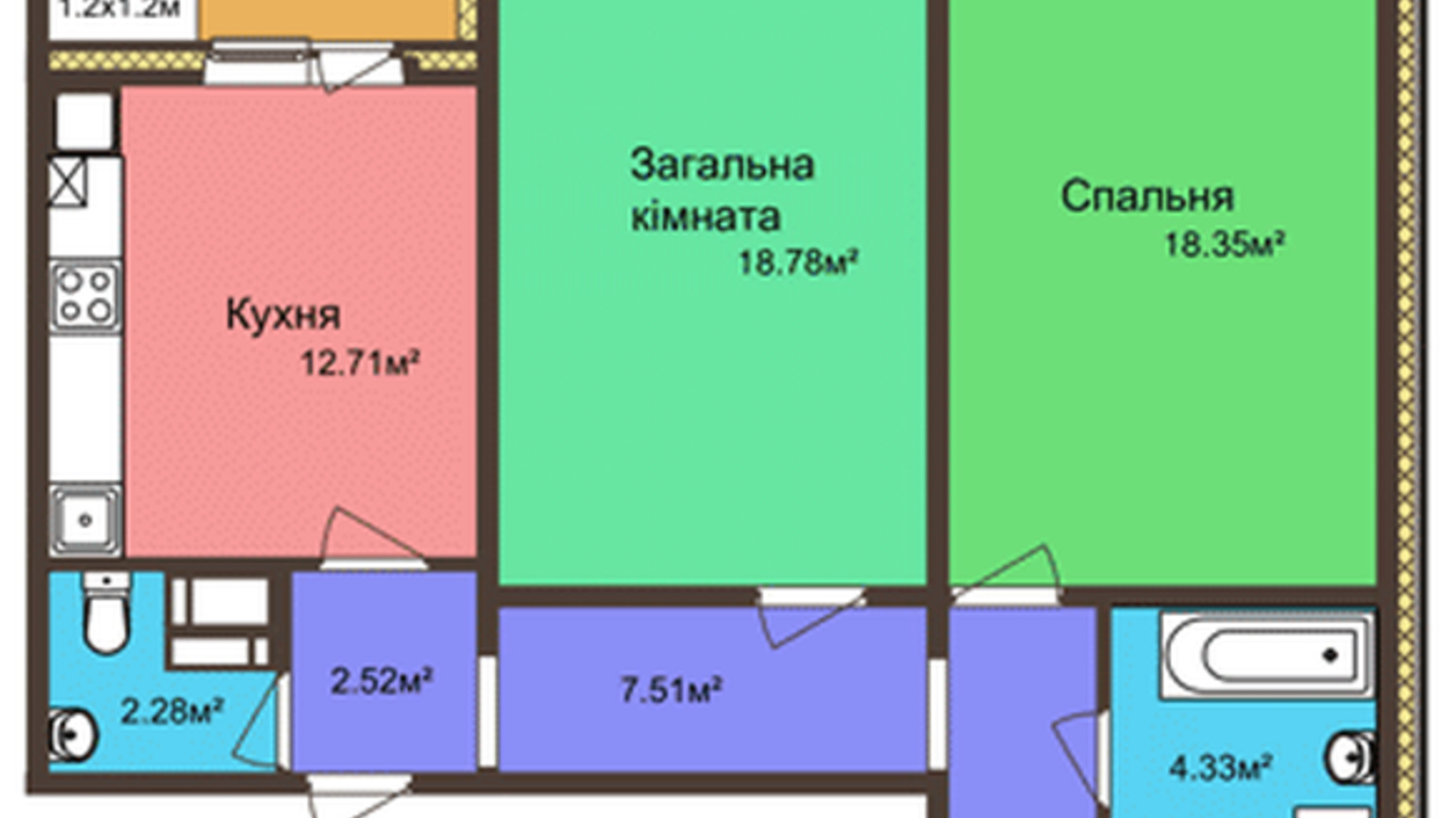 Планування 2-кімнатної квартири в ЖК вул. Колективна, 4/1 68.45 м², фото 214712
