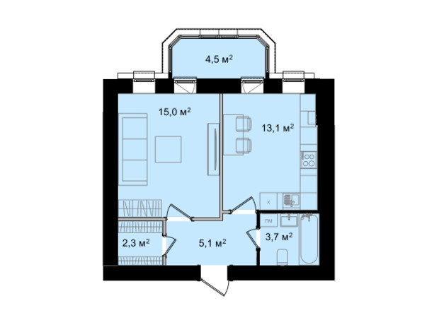 ЖК Barbara: планування 1-кімнатної квартири 43.7 м²