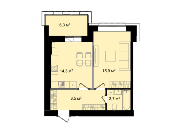 ЖК Barbara: планування 1-кімнатної квартири 48.7 м²