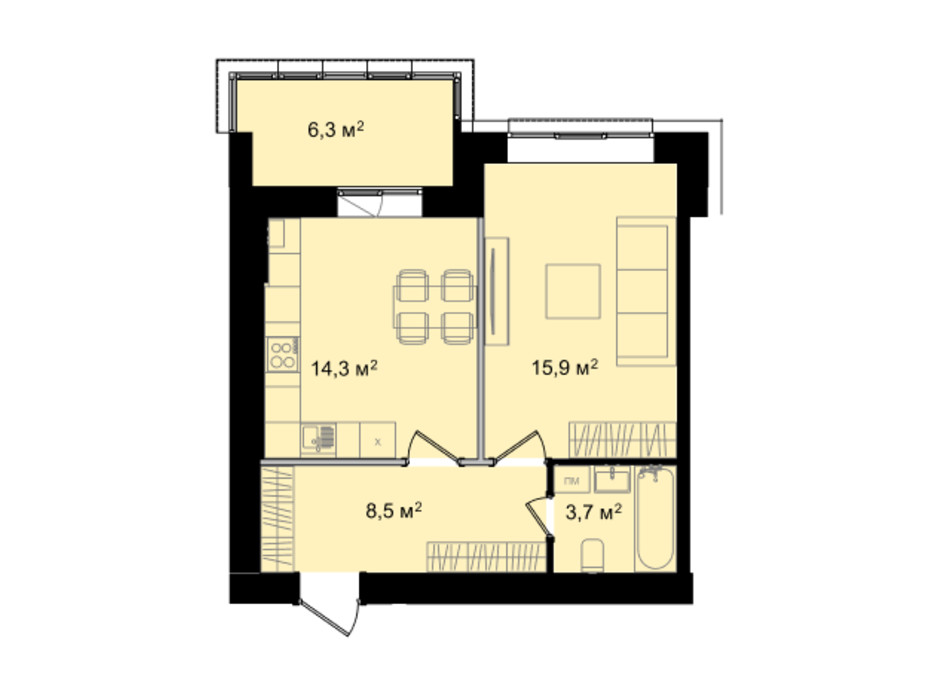Планировка 1-комнатной квартиры в ЖК Barbara 48.7 м², фото 214802 Планировка 1-комнатной квартиры в ЖК Barbara 48.7 м², фото 214802