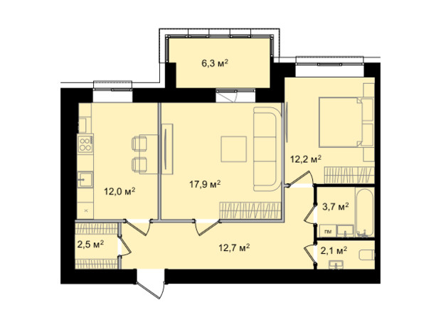 ЖК Barbara: планування 2-кімнатної квартири 69.4 м²