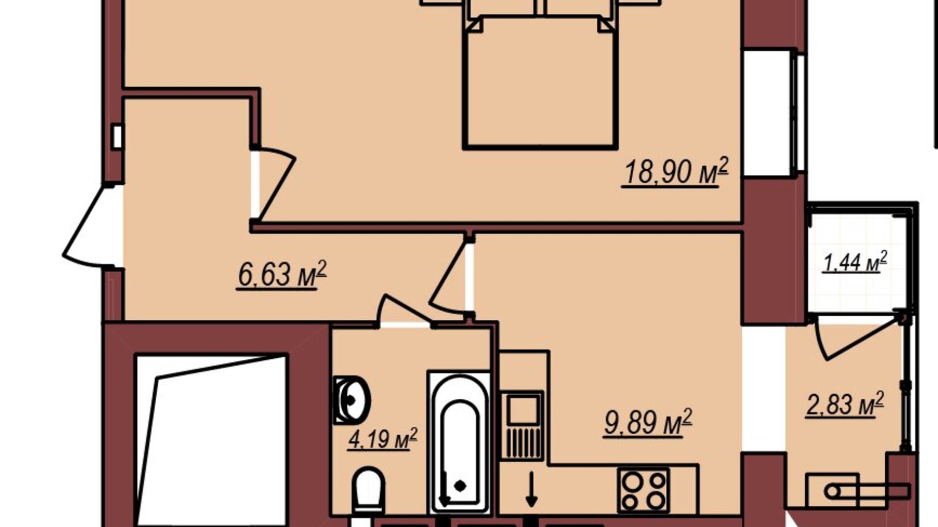 Планування 1-кімнатної квартири в ЖК Будинок Чехова 45 м², фото 214845