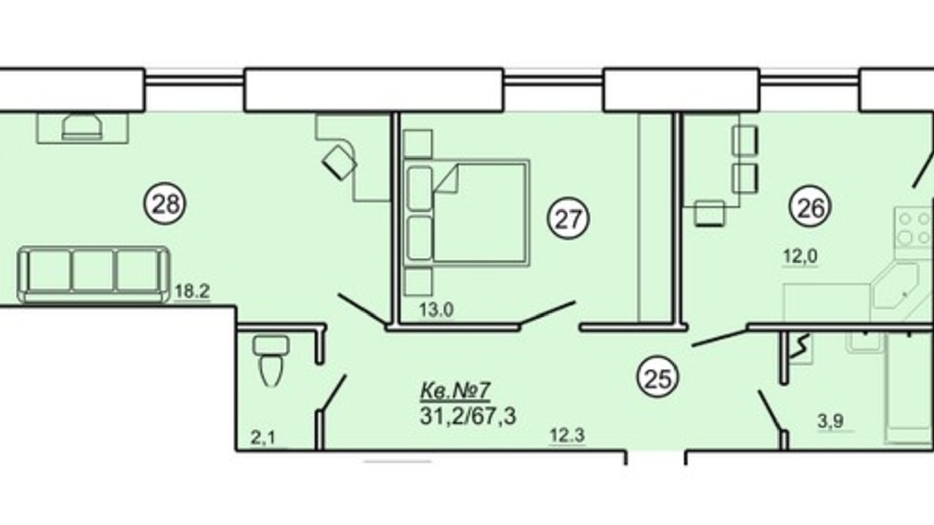 Планування 2-кімнатної квартири в ЖК вул. Данила Апостола, 19 67.3 м², фото 214924