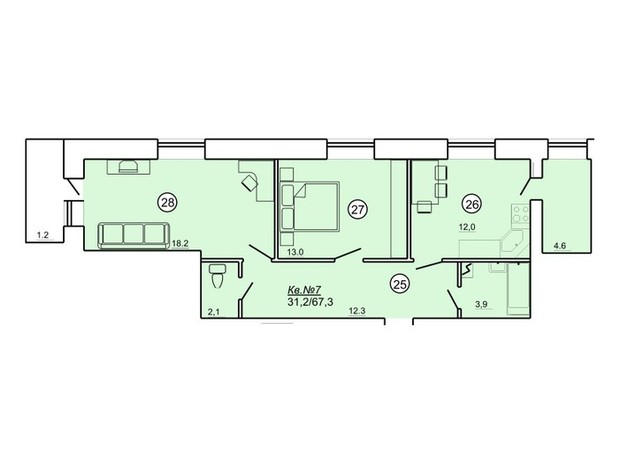 ЖК ул. Даниила Апостола, 19: планировка 2-комнатной квартиры 67.3 м²