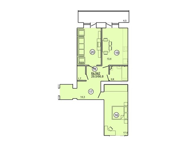 ЖК ул. Даниила Апостола, 19: планировка 2-комнатной квартиры 66.8 м²