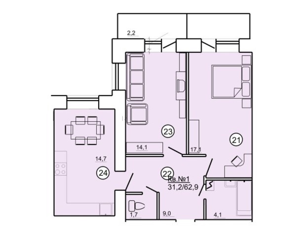 ЖК ул. Даниила Апостола, 19: планировка 2-комнатной квартиры 62.9 м²