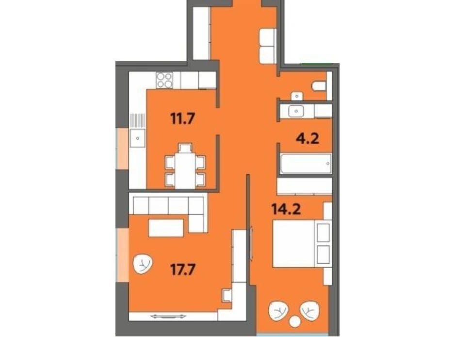 Планировка 2-комнатной квартиры в ЖК Orange City 61.3 м², фото 215015 Планировка 2-комнатной квартиры в ЖК Orange City 61.3 м², фото 215015
