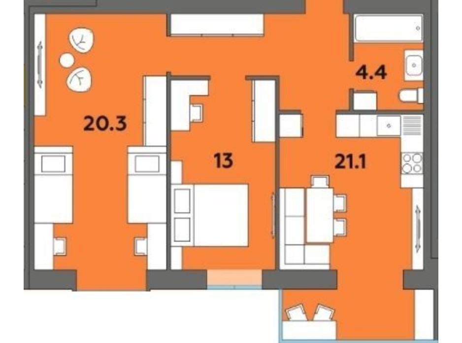 Планировка 2-комнатной квартиры в ЖК Orange City 66.4 м², фото 215016 Планировка 2-комнатной квартиры в ЖК Orange City 66.4 м², фото 215016